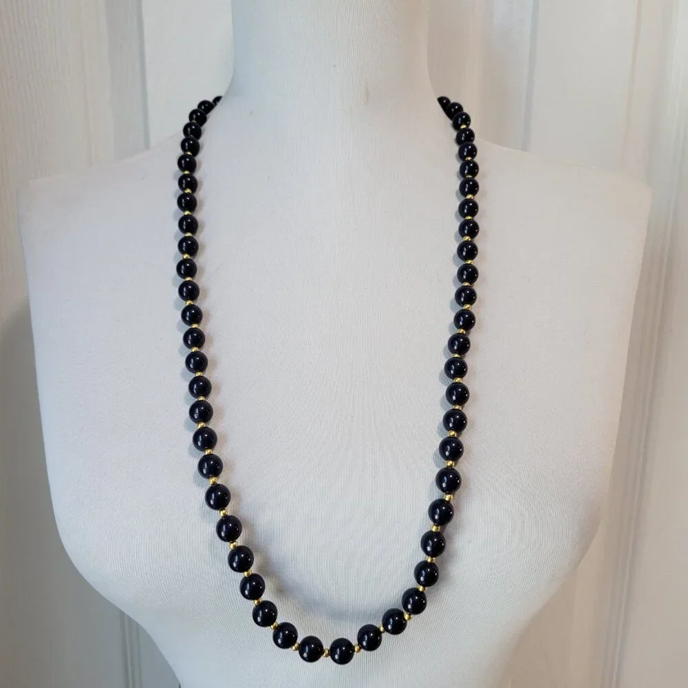 Vintage 80's 90's Acrylic Navy Blue & Gold Bead 30" Clasp Necklace EUC Pinup - Picture 6 of 6